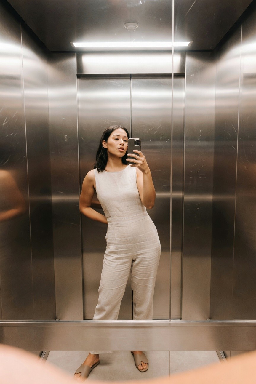 Woman taking elevator mirror selfie in cream sleeveless linen wide-leg jumpsuit with hands on hips and strappy flat sandals