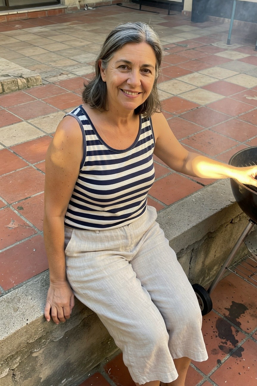 Mature woman with gray hair smiling in navy and white striped sleeveless tank top and light beige linen cropped pants, sitting on a low wall with one hand extended toward a grill