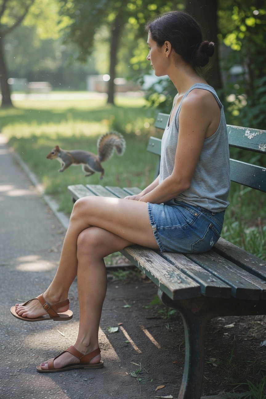 Woman sitting on a bench in a gray sleeveless tank top, blue denim shorts, and tan strappy sandals, with legs crossed and profile view
