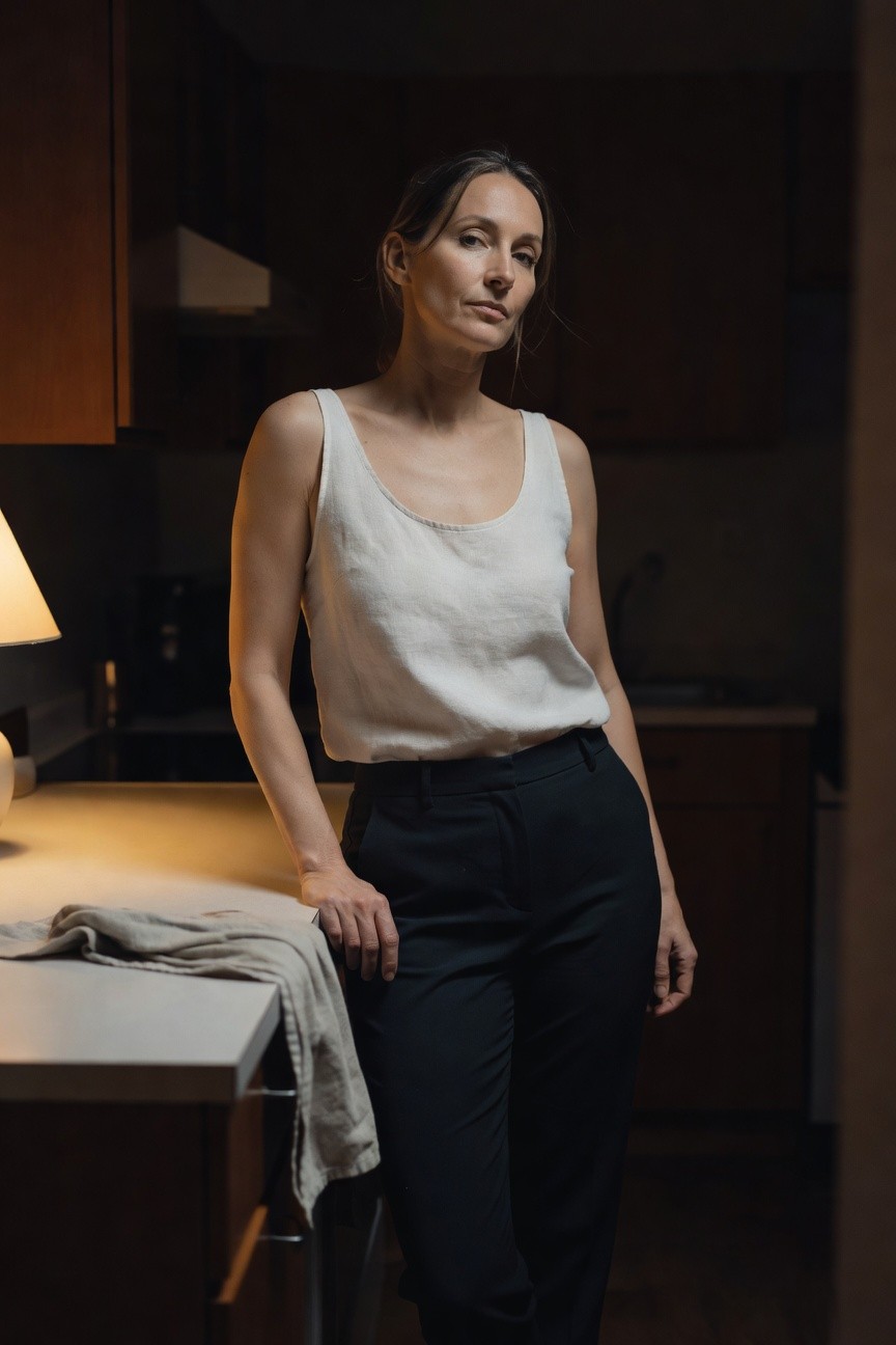 Woman standing in kitchen wearing a loose white linen tank top and slim black tailored trousers, one hand on counter with linen cloth nearby