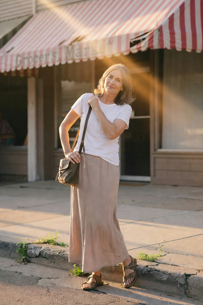 Middle-aged woman in white short-sleeve t-shirt, beige flowy maxi skirt, brown leather crossbody bag, and brown strappy sandals, posing casually on a sidewalk