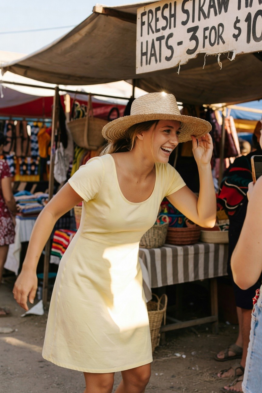 Woman laughing while trying on a wide-brim straw hat at a market stall, wearing a short-sleeved pale yellow shift sundress that falls to mid-thigh, with market baskets and colorful textiles in the background