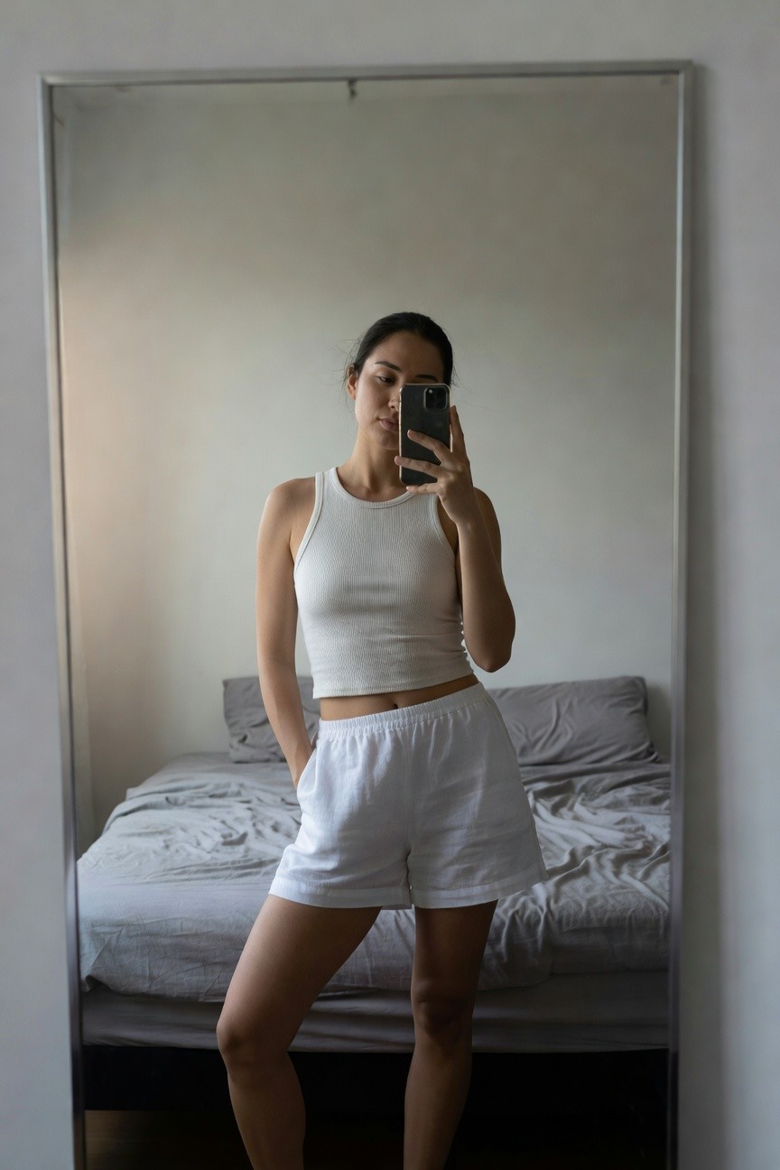 Black woman in a white cropped ribbed tank top and loose white boxer shorts standing casually in front of a bedroom mirror, one hand in pocket taking a phone selfie, gray bed in background