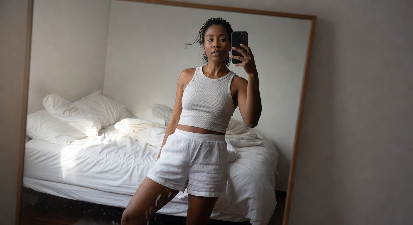 Black woman in a white cropped ribbed tank top and loose white boxer shorts standing casually in front of a bedroom mirror, one hand in pocket taking a phone selfie, gray bed in background