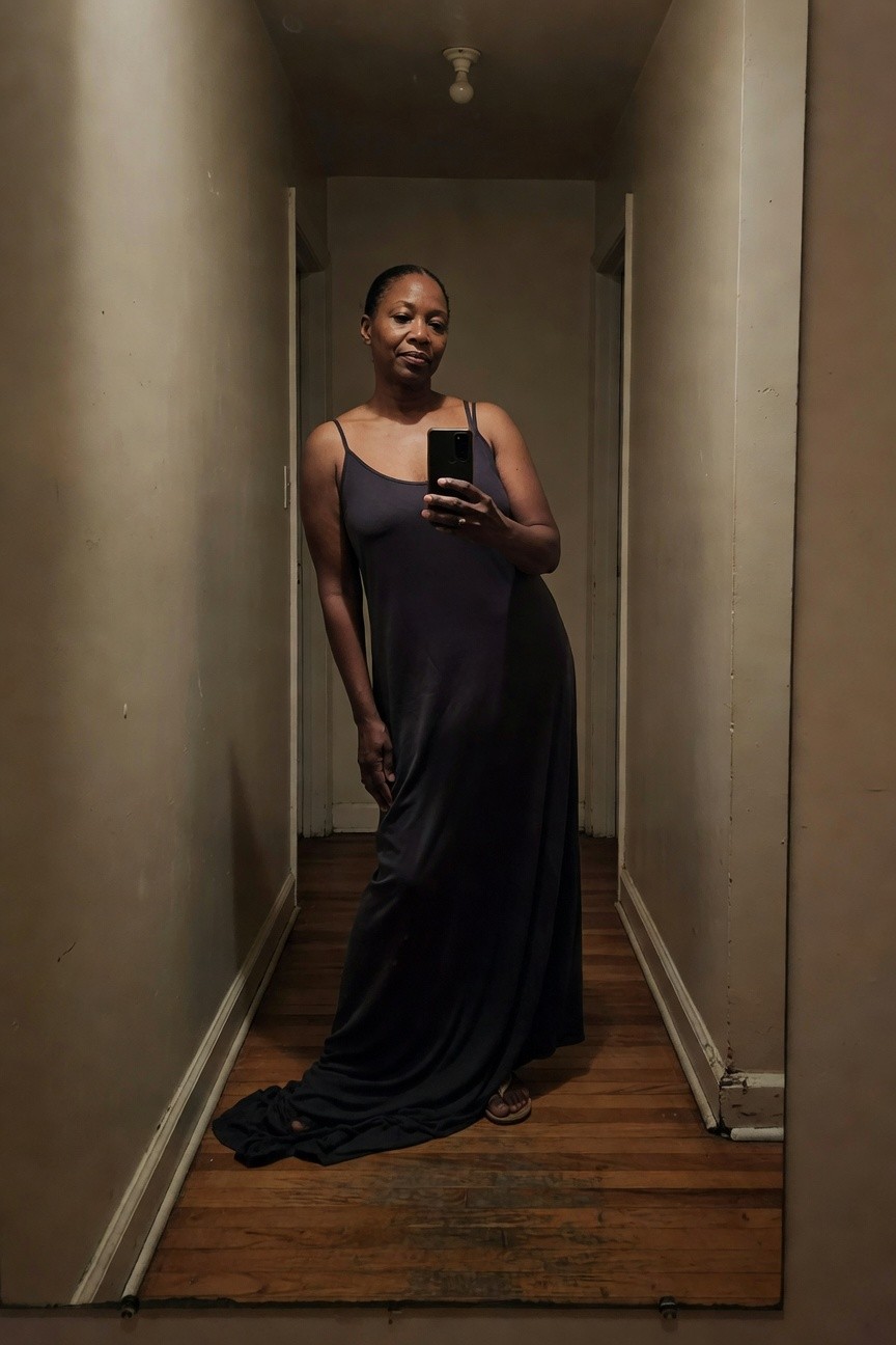 Black woman with braided hair taking a mirror selfie in a narrow hallway, wearing a deep purple spaghetti strap maxi dress with a flowing skirt and flip-flops, casual pose emphasizing the dress's drape