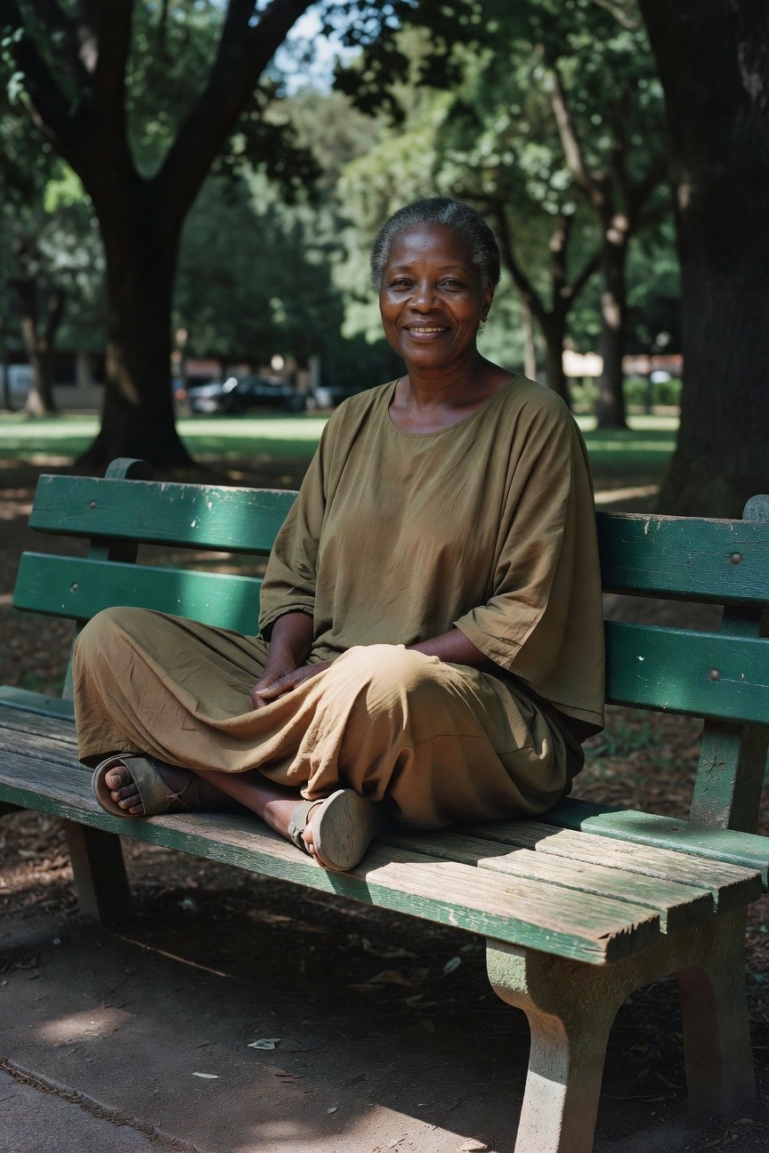 Older Black woman smiling on a park bench, wearing loose olive green tunic top with wide sleeves and matching wide pants, simple sandals, cross-legged pose