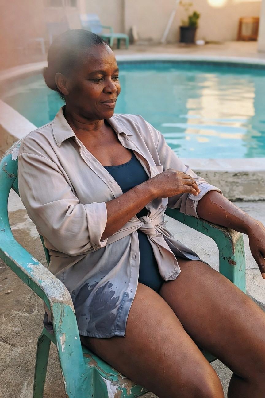 Mature Black woman seated on a chair in a light beige open button-up shirt tied at the waist over a navy one-piece swimsuit, arms and legs visible, subtle sweat on skin