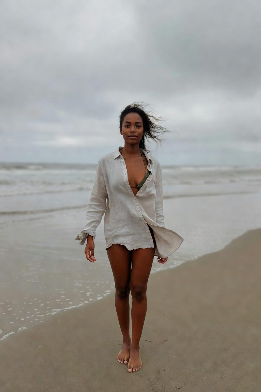 Black woman with long wavy hair walking barefoot on sandy beach in an open long-sleeved white linen shirt revealing green bikini top and matching short bottoms, arms extended slightly with shirt billowing
