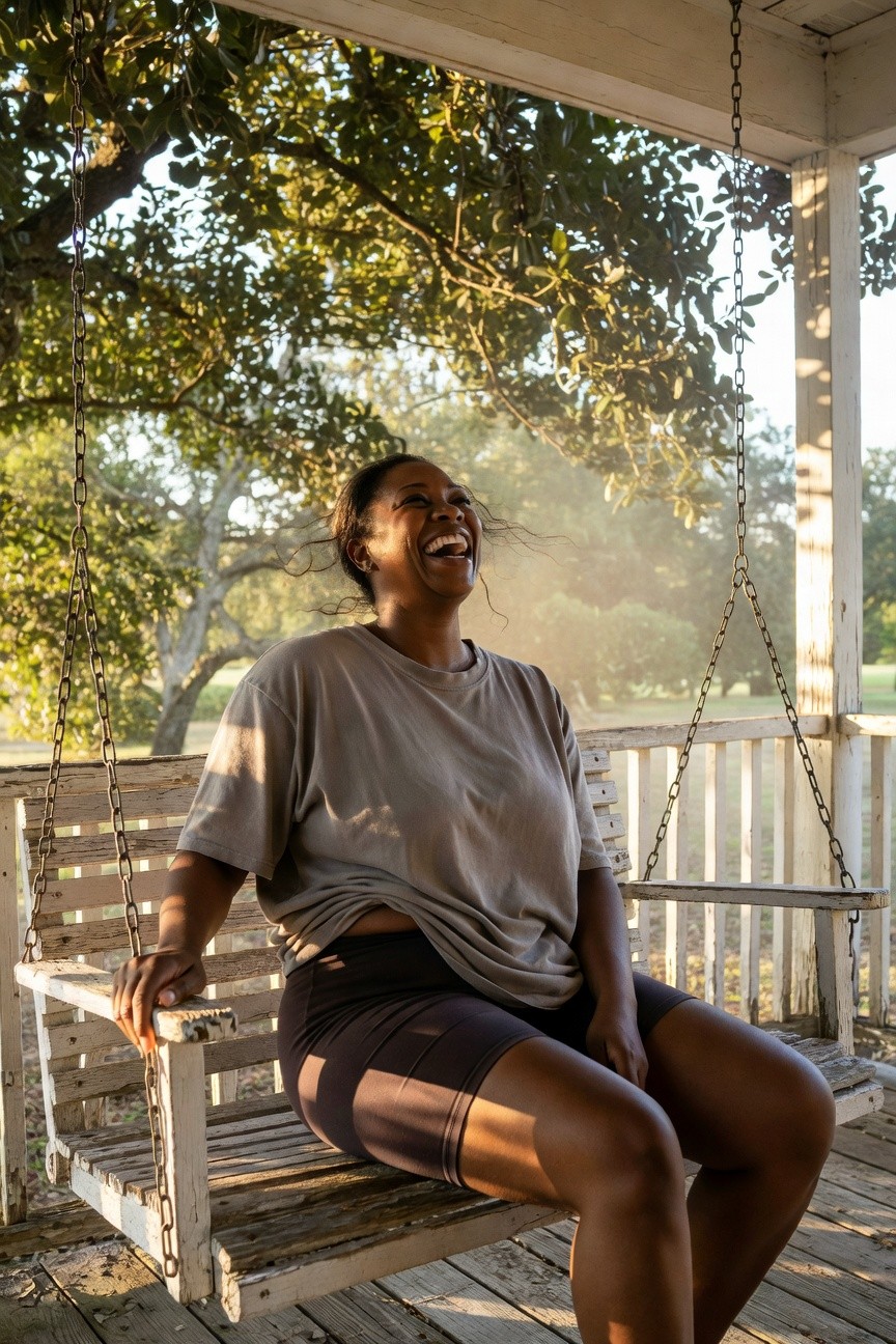 Black woman laughing joyfully on a porch swing, wearing an oversized gray t-shirt and black bike shorts, with trees and warm light in the background
