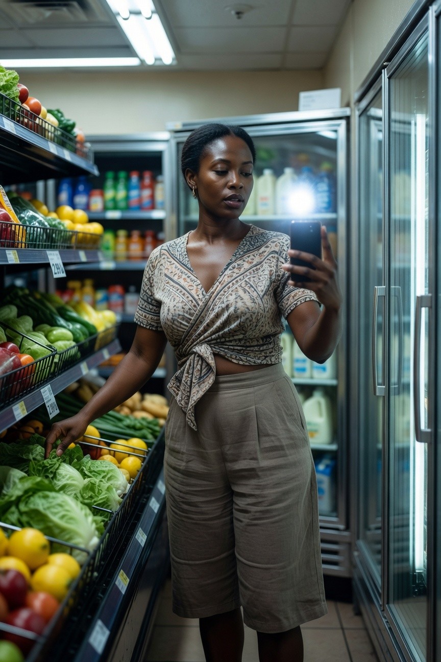 Black woman with natural hair taking a selfie in a grocery store produce aisle, wearing a cropped patterned wrap blouse tied at the front and high-waisted beige culotte shorts, reaching for vegetables with one hand.