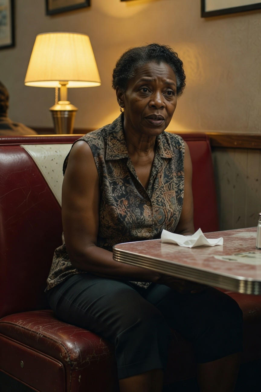 Older Black woman seated in a booth wearing a sleeveless dark paisley-print blouse tucked into fitted black cropped pants, with a small hoop earring and hands resting on the table