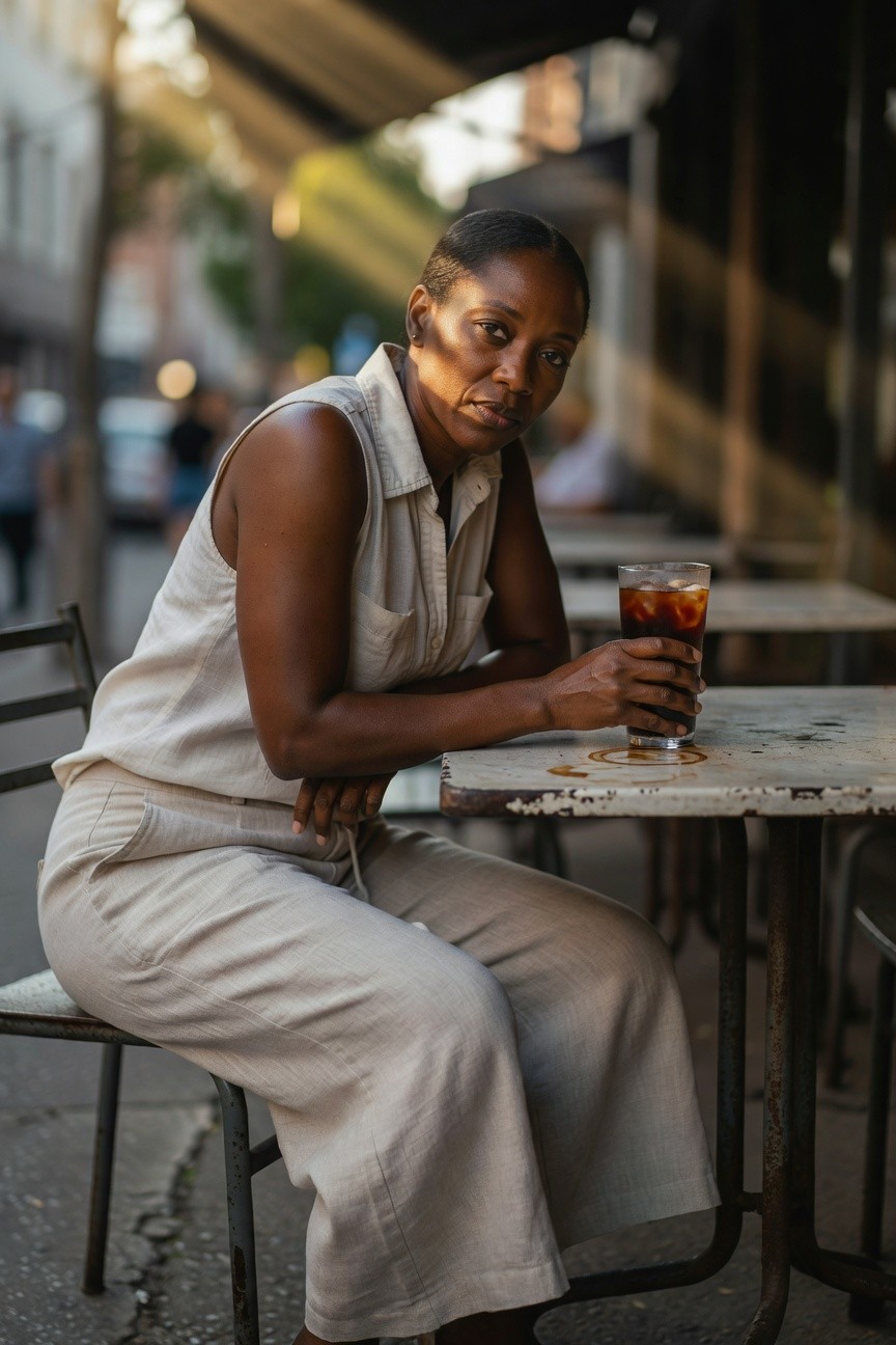 Black woman in a light beige sleeveless linen jumpsuit with collared top and wide-leg pants, sitting at a table holding an iced coffee glass, outdoors at a cafe.