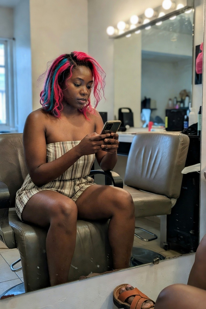 Black woman with pink and teal streaked hair sitting in a salon chair wearing a cream and tan striped strapless romper with short shorts, holding a gold smartphone, brown strappy sandals on feet, mirror reflection visible