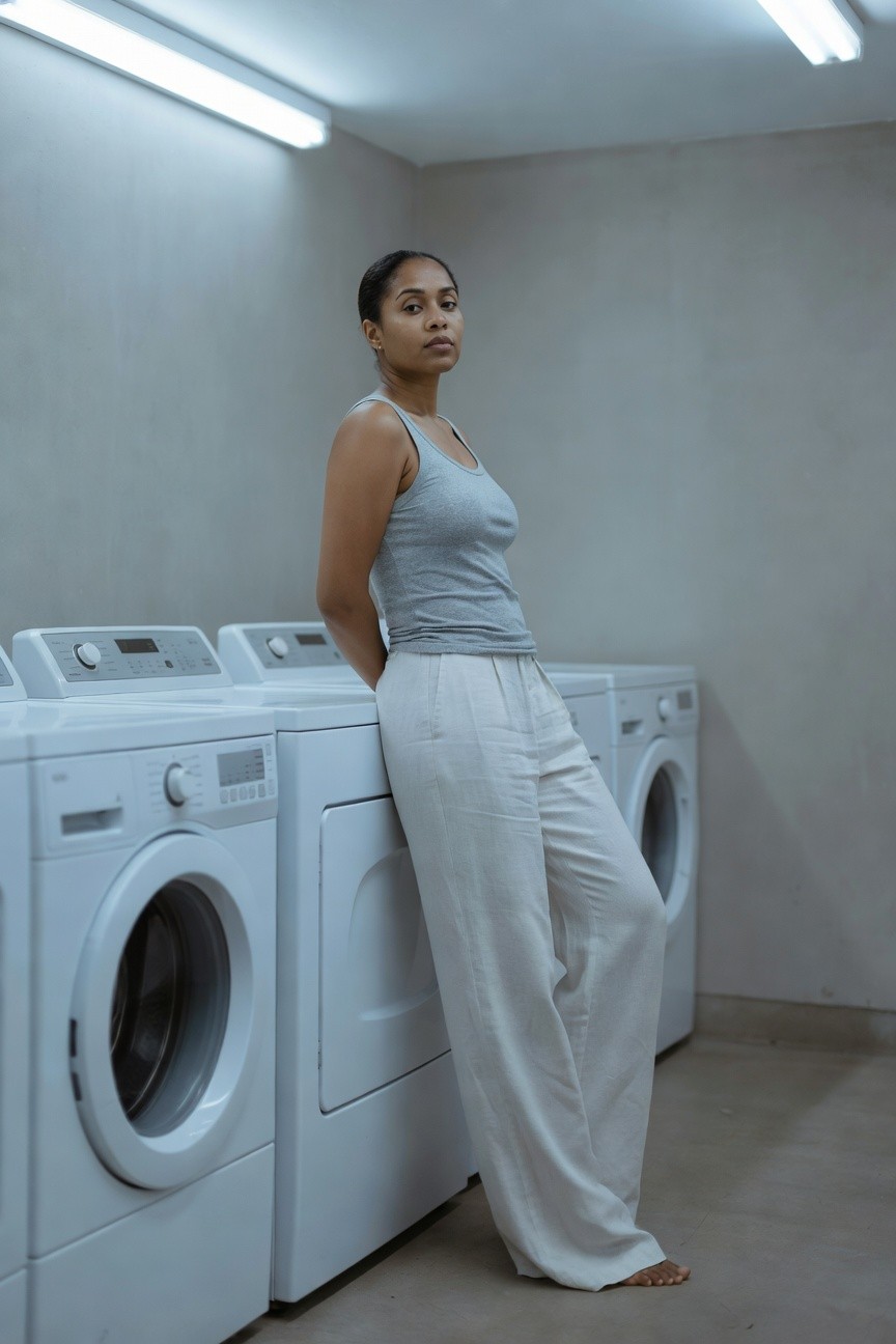 Black woman with braided hair in a bun wearing a light gray sleeveless tank top and wide-leg white linen pants, leaning casually against white washing machines in a laundromat while barefoot