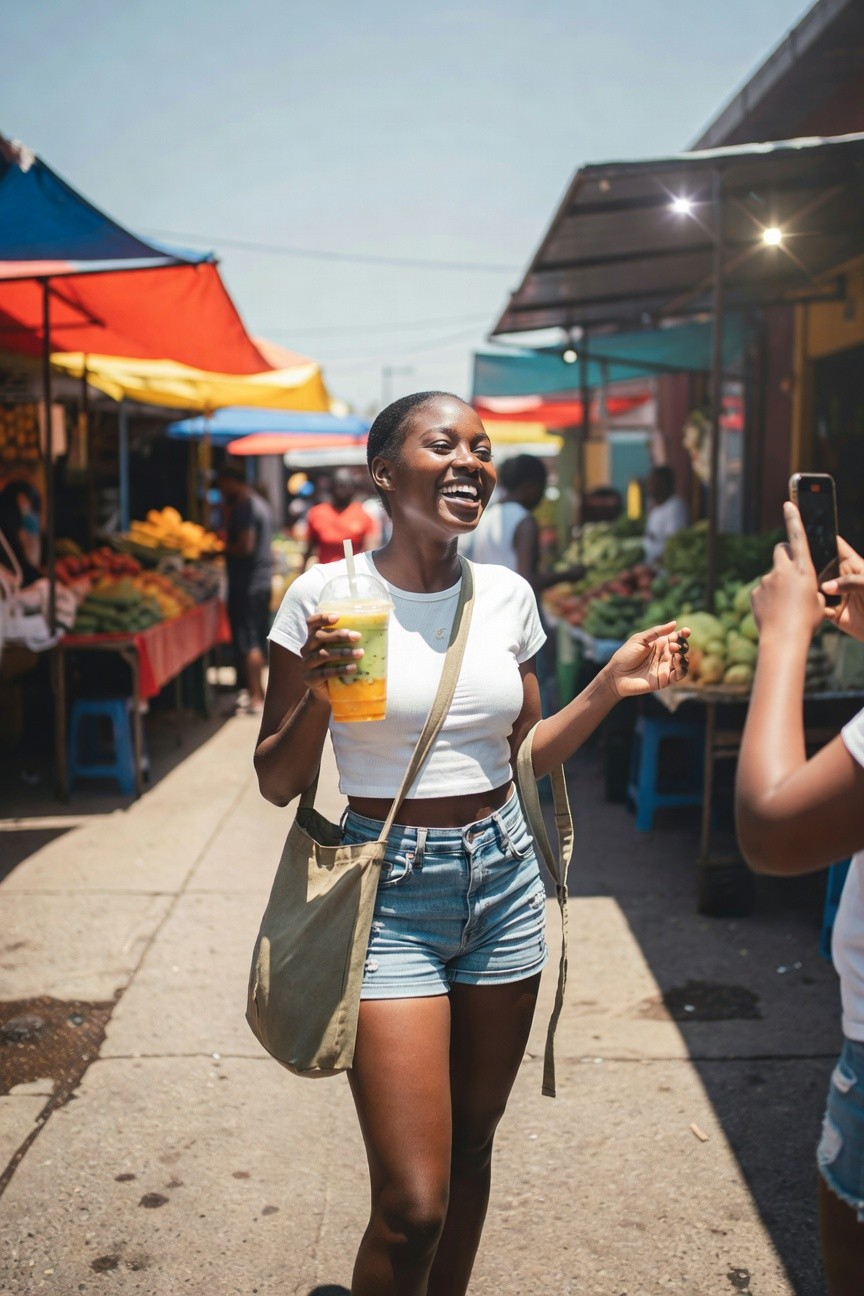 Black woman in white cropped tank top, light blue denim shorts, and beige crossbody bag with tote, smiling while holding an orange drink in a bustling outdoor market setting