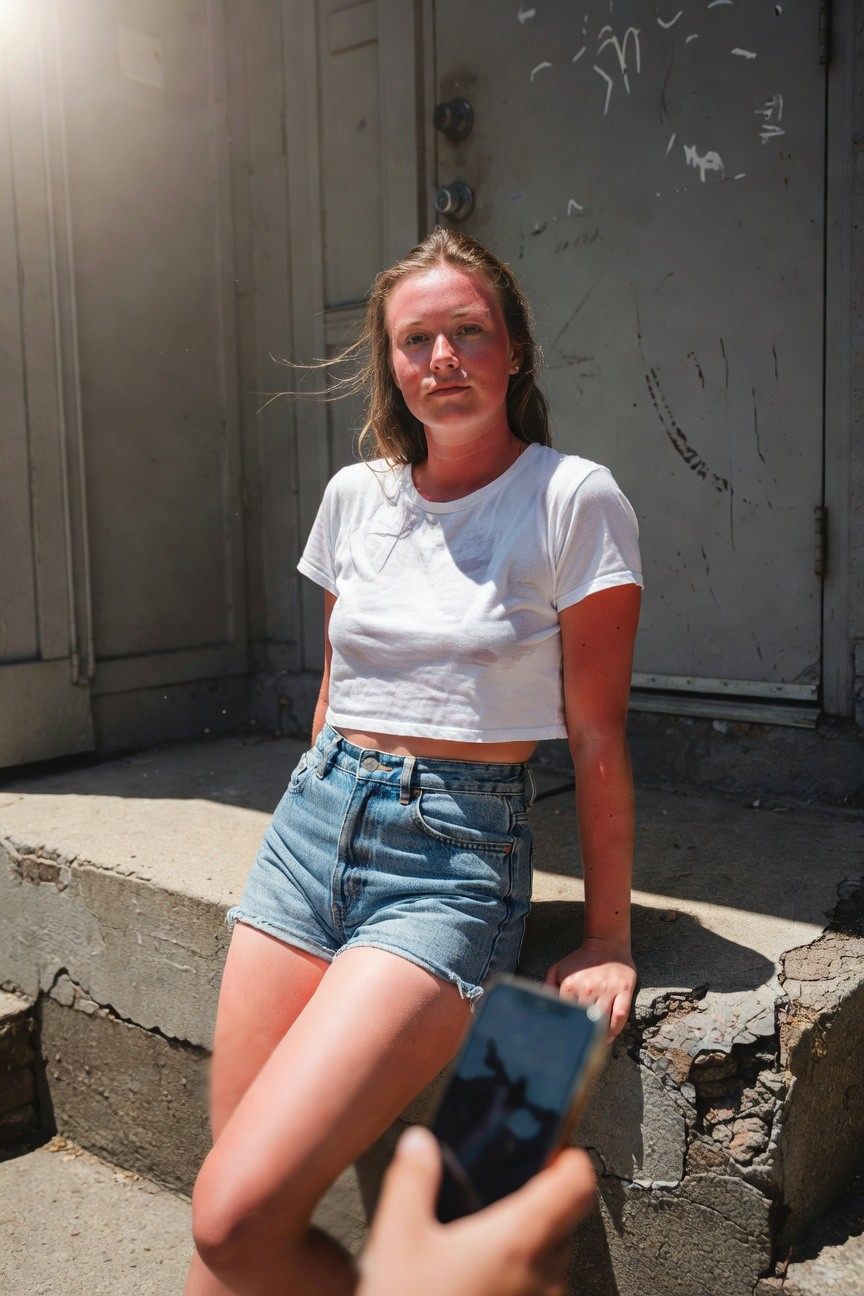 Young woman with freckled sunburned skin and wind-swept brown hair posing casually on concrete steps in a cropped white t-shirt and high-waisted frayed light blue denim short shorts, leaning against a graffiti-covered metal door with a hand holding a phone in the foreground taking the photo