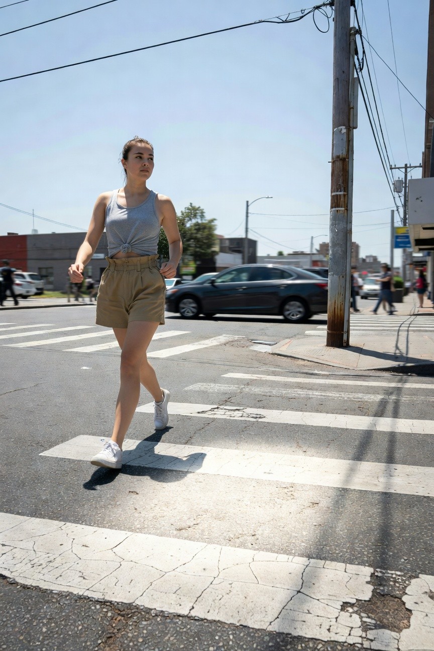 Young woman walking across a crosswalk in a gray cropped tank top tied at the front, high-waisted beige pleated shorts, and white sneakers, captured mid-stride in an urban setting