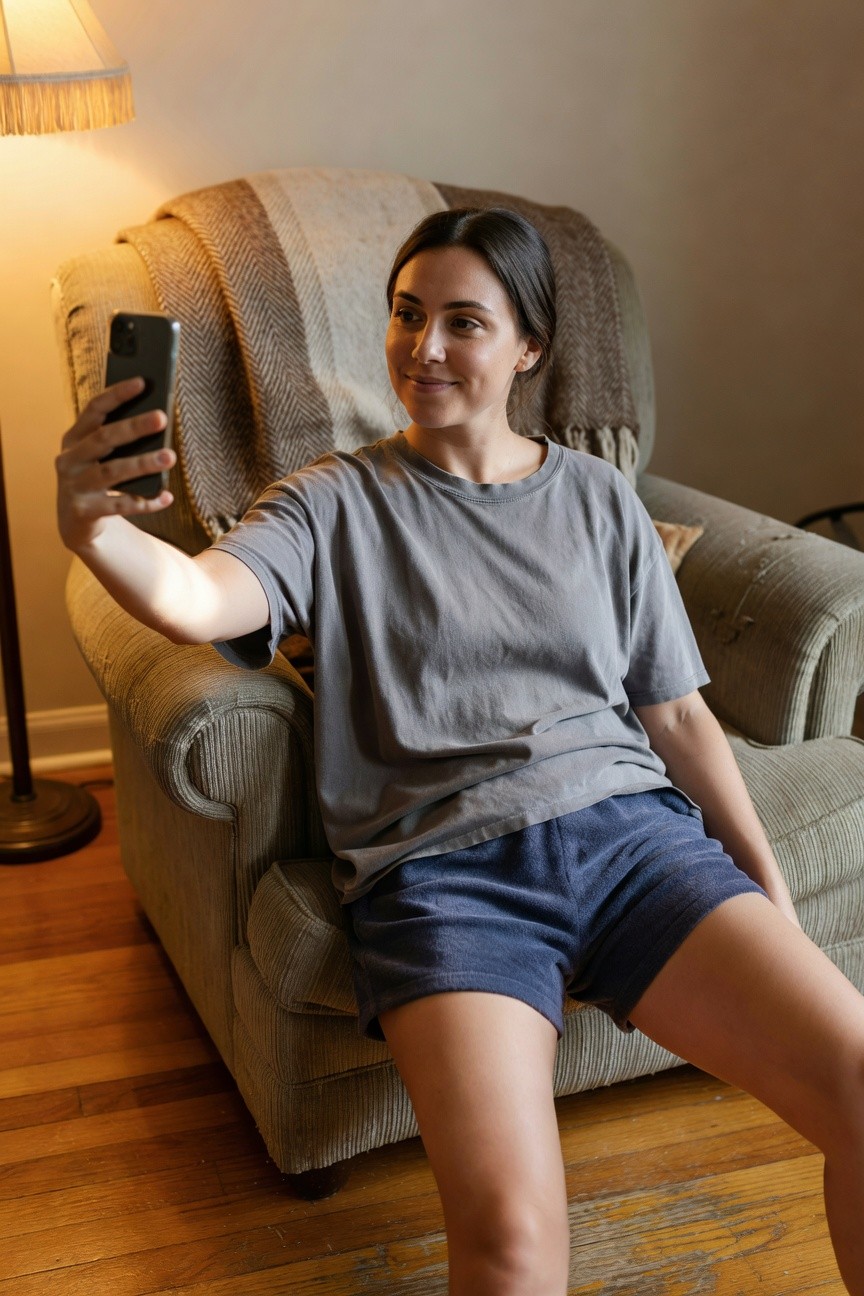 Woman taking a selfie while seated on an armchair, wearing an oversized gray t-shirt and short navy blue velour shorts, relaxed pose with legs extended