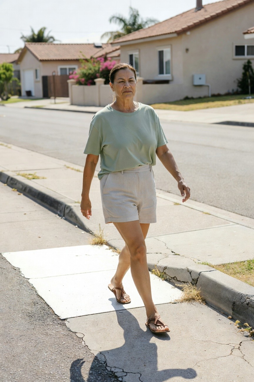 Mature woman walking on sidewalk in light green short-sleeve t-shirt, cream linen mid-thigh shorts with pleated front, tan strappy flat sandals, neutral suburban background