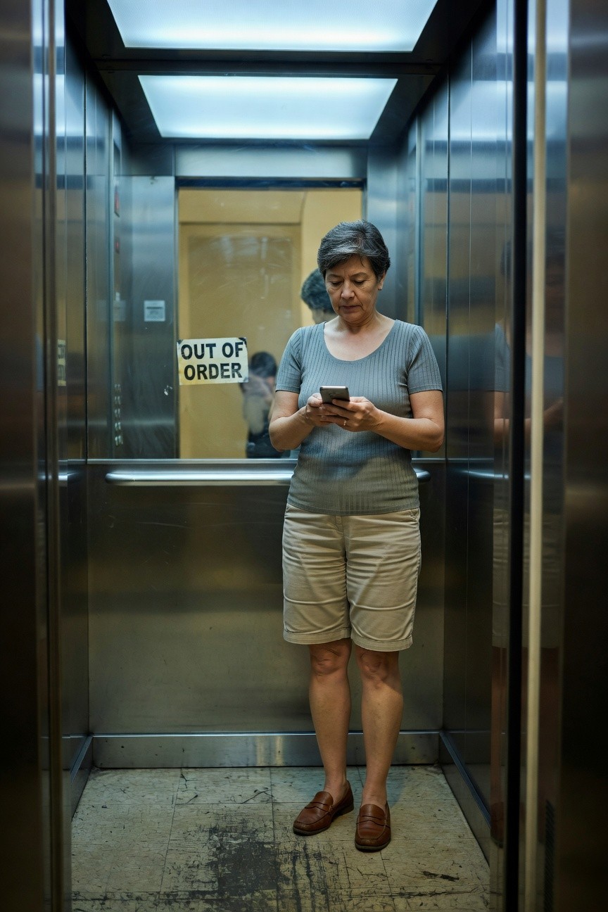 Mature woman in a light blue-gray ribbed knit short-sleeve top, khaki mid-thigh shorts, and brown leather loafers, standing in an elevator while checking her phone, with an out-of-order sign visible on adjacent doors