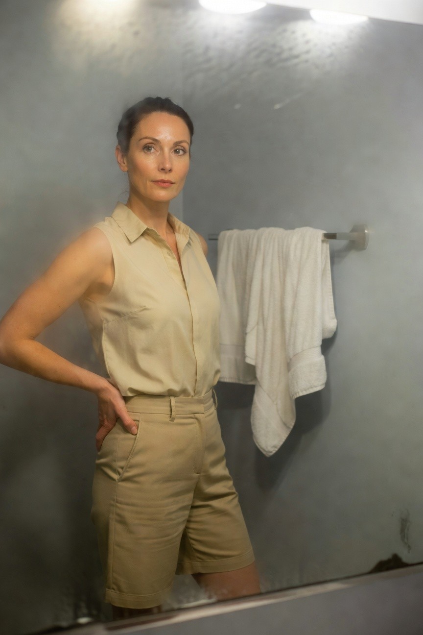 Confident woman in her 30s with dark hair in a bun, wearing a light beige sleeveless collared button-up shirt tucked into matching high-waisted tailored beige shorts, standing with one hand on hip in a steamy bathroom mirror reflection, white towels hanging nearby