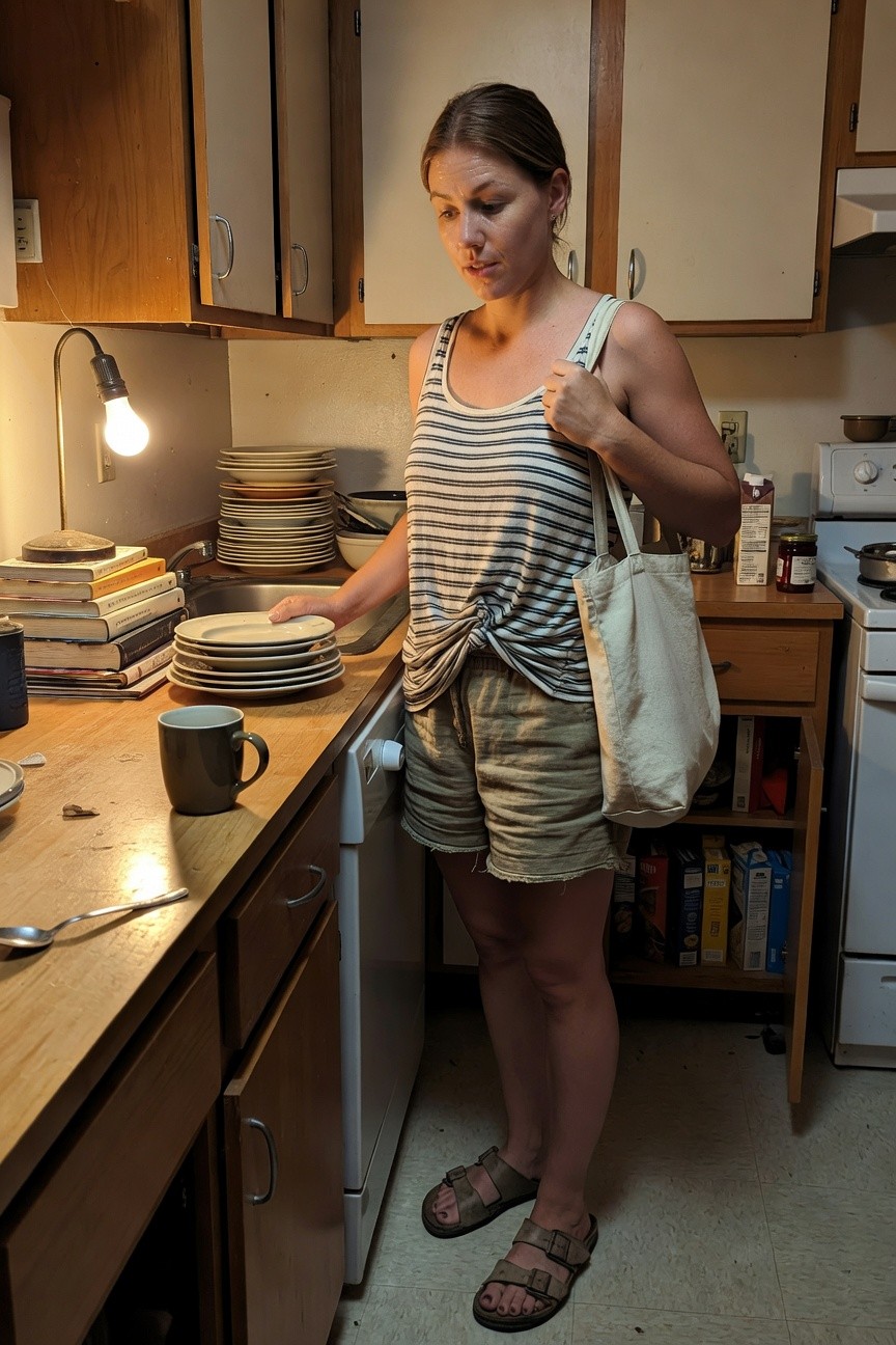 Woman standing in kitchen wearing a light gray and white striped sleeveless tank top knotted at the waist, paired with loose khaki shorts with frayed hems, tan strappy sandals, holding a beige canvas tote bag over one shoulder, stacks of dishes on counter nearby