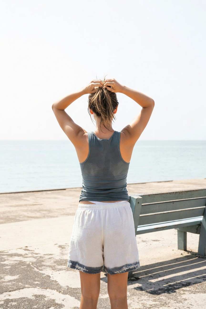 Rear view of woman tying her brown hair into a ponytail, wearing a sleeveless teal tank top and loose white linen shorts with faded blue hems, standing on a concrete pier
