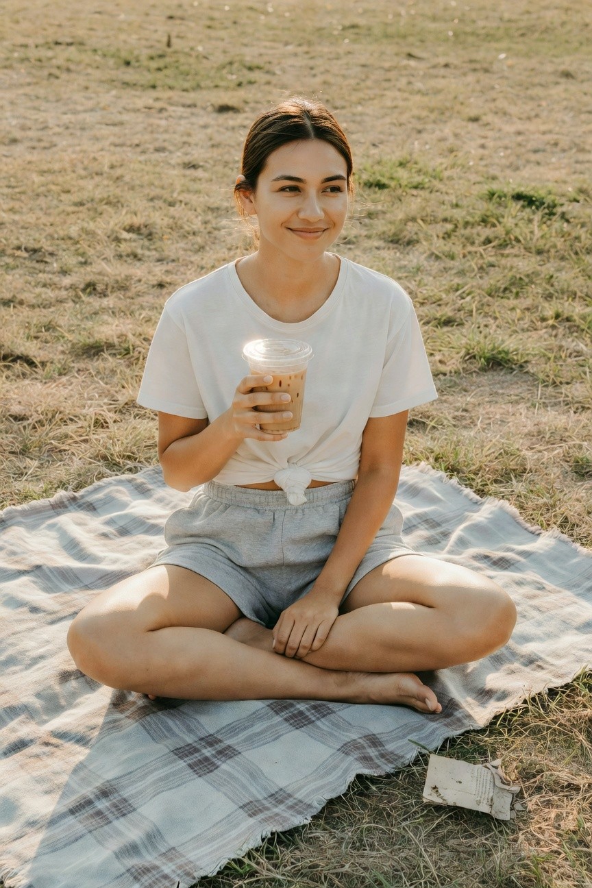 Woman seated cross-legged wearing a white short-sleeve t-shirt knotted at the front, gray mid-thigh sweatshorts, holding a clear plastic cup of iced coffee, neutral manicure visible