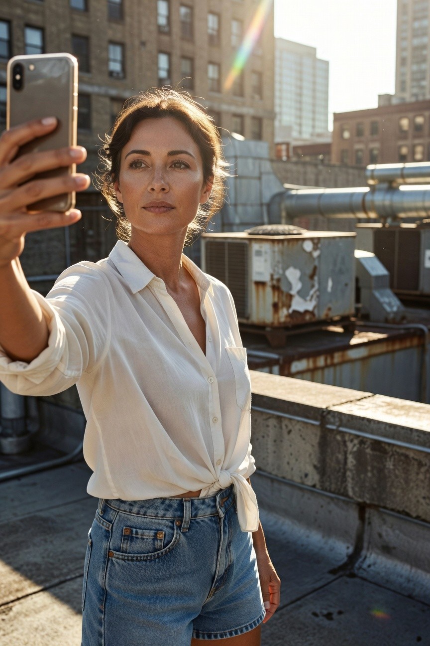 Woman taking a selfie in a white long-sleeve button-down shirt tied at the waist over high-waisted light blue denim shorts, standing on a rooftop with urban buildings in the background