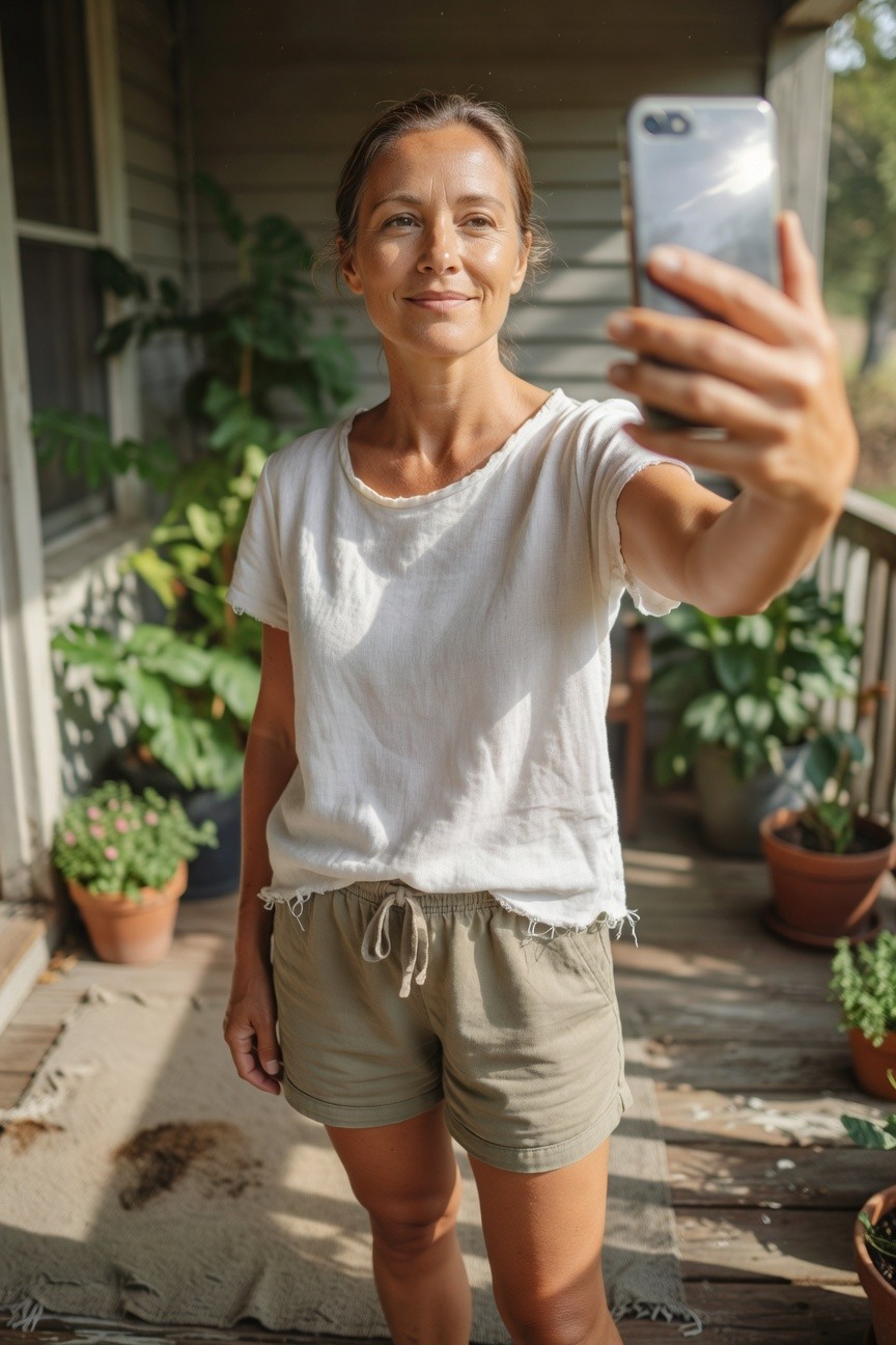 Woman in her 40s smiling for a selfie on a porch, wearing a loose white short-sleeve frayed tee and khaki drawstring shorts, surrounded by potted plants