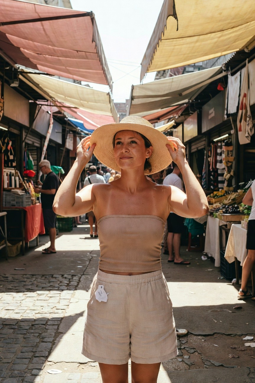Woman smiling while holding a wide-brim straw hat above her head, wearing a beige strapless tube top and matching high-waisted linen shorts with a pocket tag, standing in a market alley.