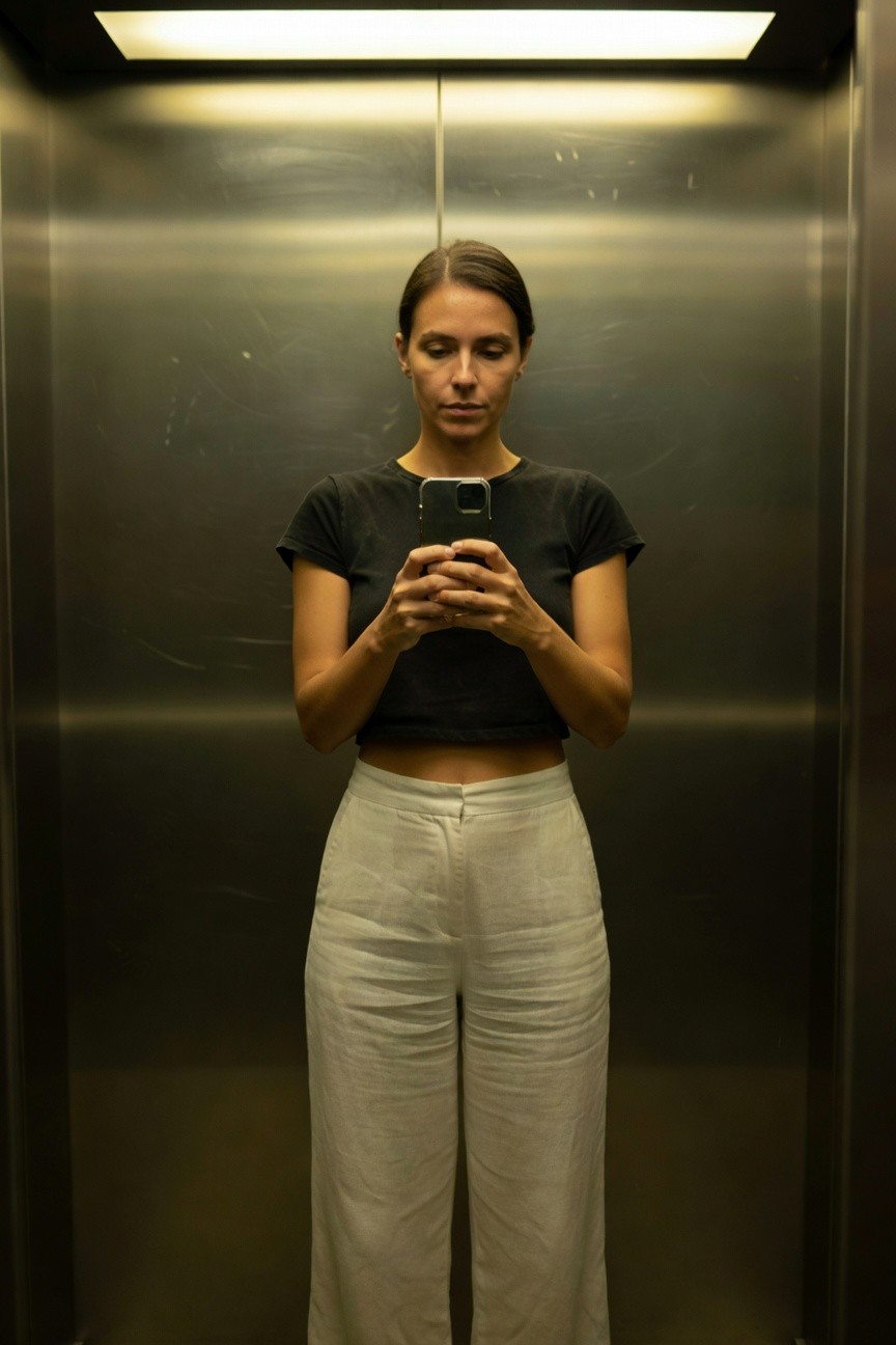Woman standing in elevator wearing black short-sleeve cropped t-shirt and high-waisted white wide-leg linen pants, holding phone for selfie, neutral expression