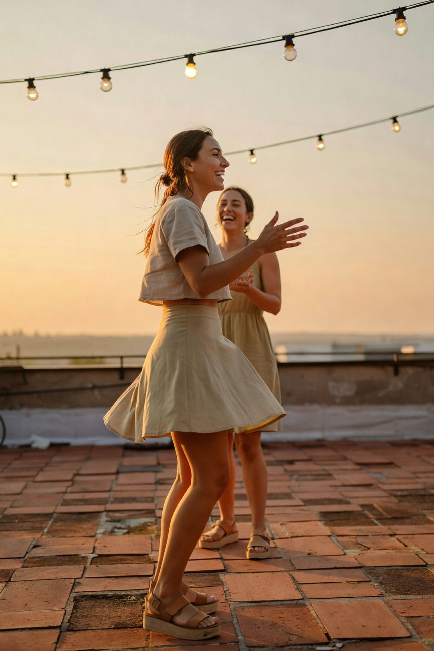 Two smiling women in matching beige linen crop tops and flared mini skirts, paired with tan strappy wedge sandals, standing on a terracotta rooftop under string lights