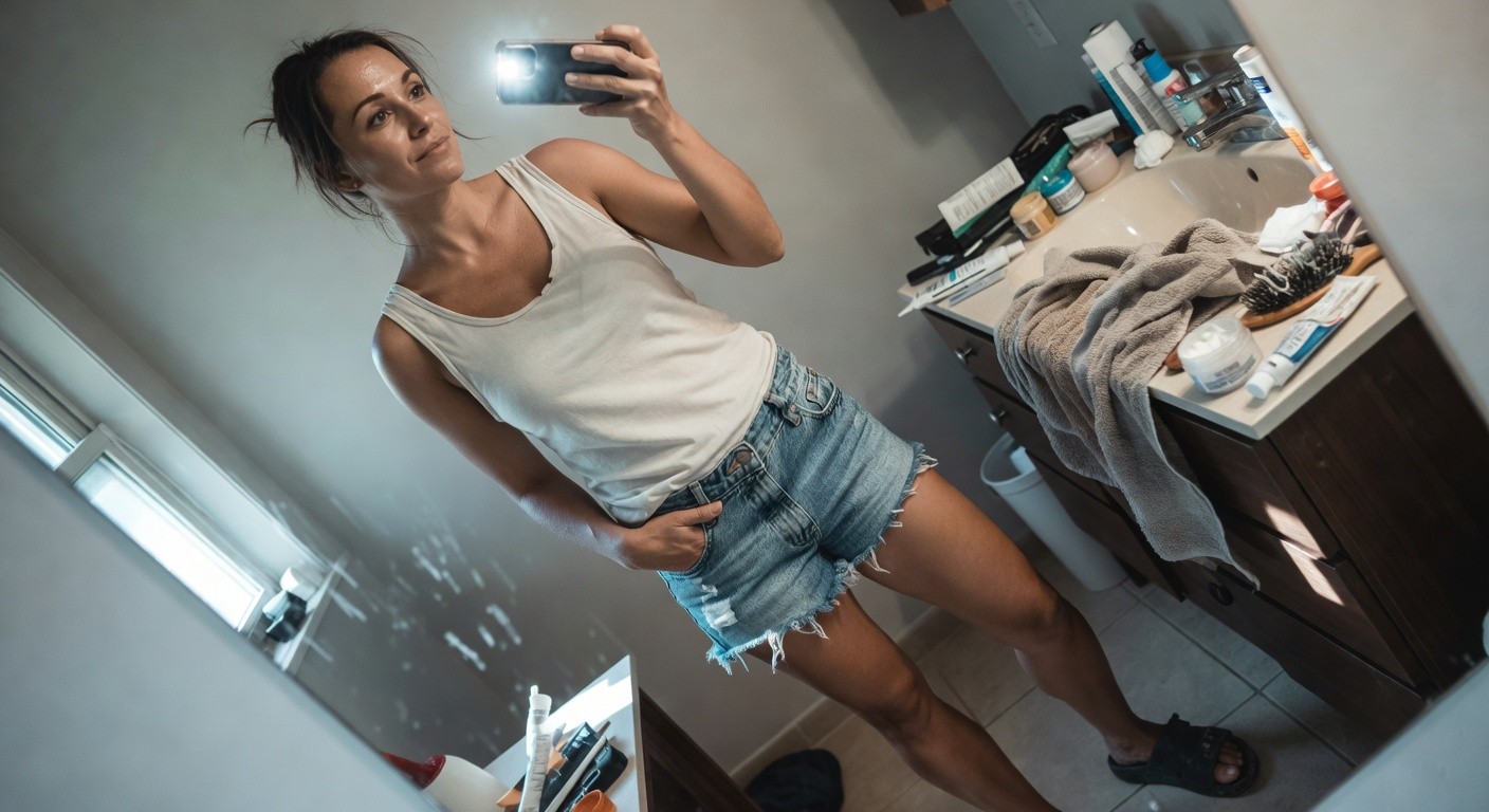 Woman in her 30s taking a mirror selfie in a bathroom, wearing a fitted white sleeveless tank top, very short frayed blue denim shorts with pockets, one hand in pocket, black rubber flip-flops, casual pose