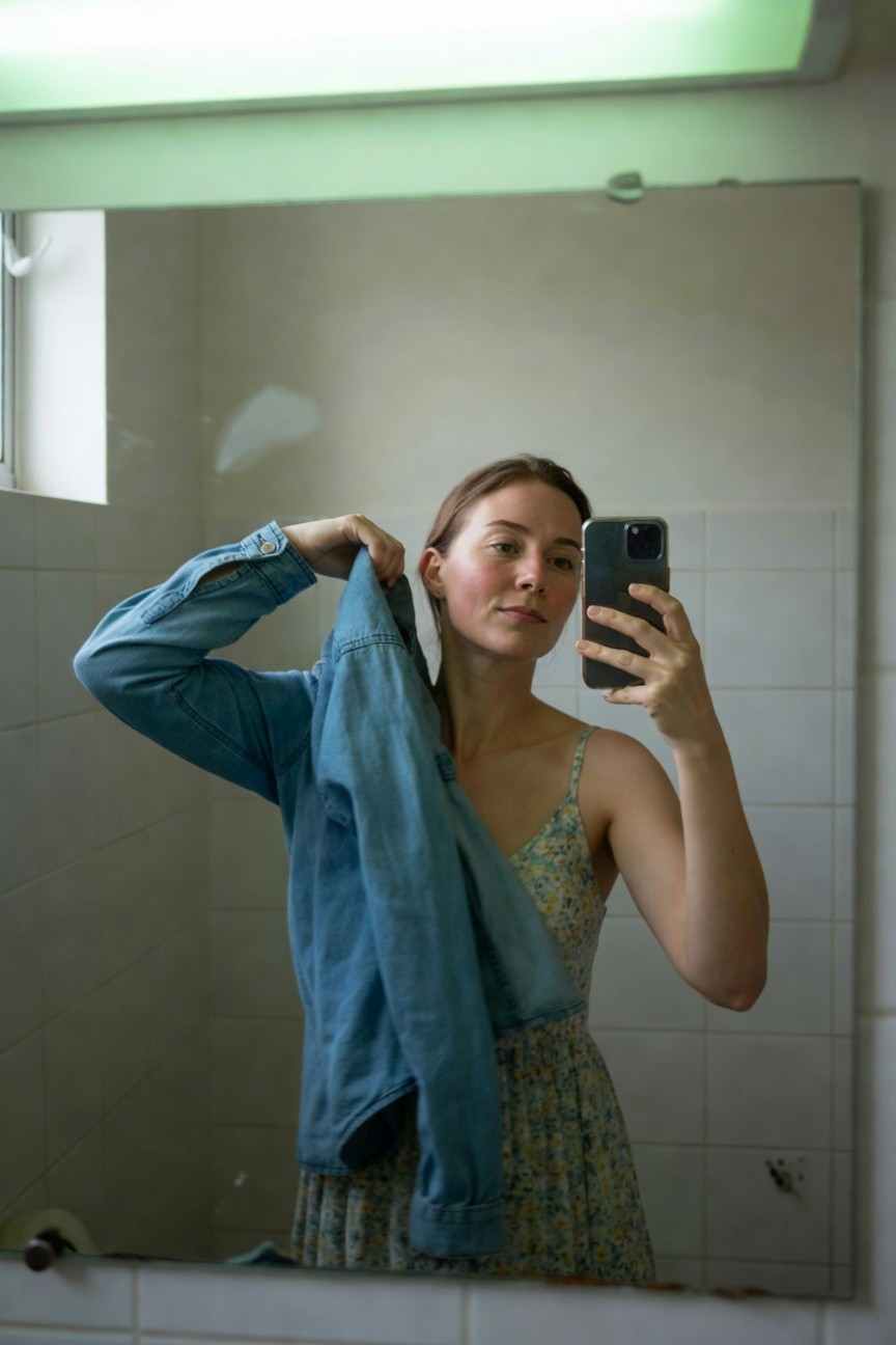 Woman in bathroom mirror selfie holding open light blue denim jacket over yellow and green floral spaghetti strap sundress, iPhone in other hand