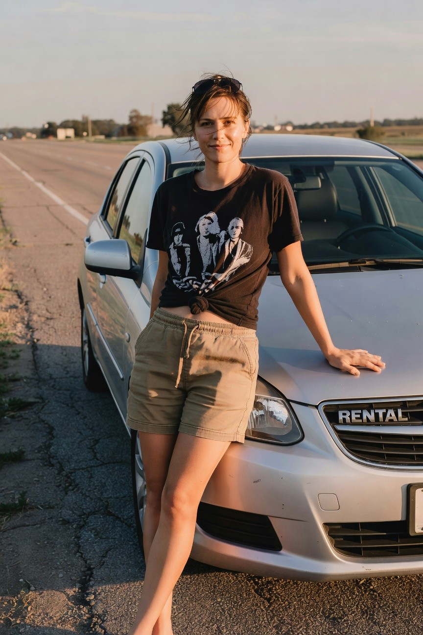 Woman leaning on a silver car wearing a black graphic band t-shirt knotted at the waist exposing midriff, paired with short khaki drawstring shorts, tousled hair and sunglasses perched on head, standing barefoot on cracked road surface