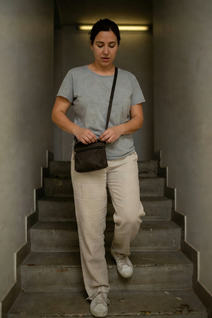 Woman standing on concrete stairs in a gray short-sleeve t-shirt, light beige wide-leg pants, brown crossbody fanny pack bag, and white sneakers, adjusting her bag in a dimly lit indoor stairwell