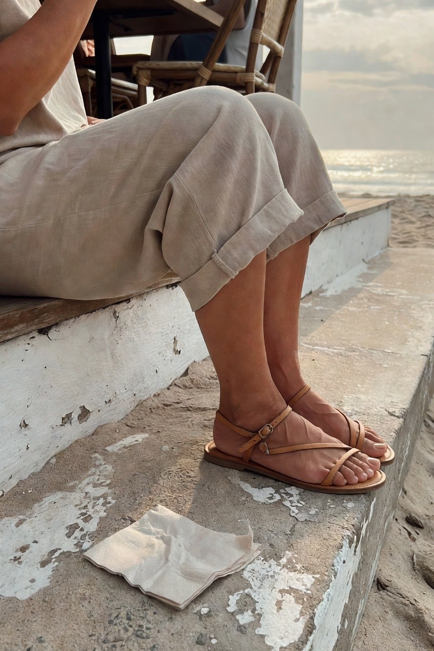 Close-up of a woman's lower outfit featuring beige linen cropped wide-leg pants rolled at the ankles, tan leather strappy flat sandals with buckles, sitting on whitewashed steps with neutral fabric napkin nearby
