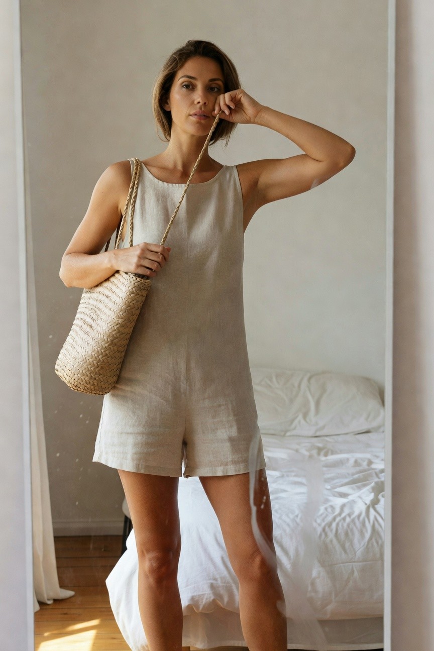 Woman standing before a mirror in a beige sleeveless linen romper with short legs, holding a beige woven straw tote bag over one shoulder