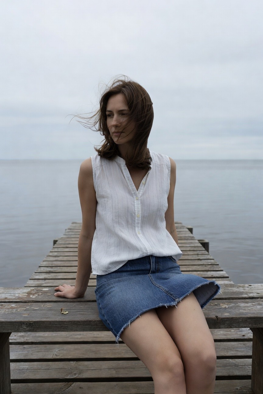 Woman in her 30s with shoulder-length brown hair, wearing a white sleeveless textured blouse with button placket and a short frayed blue denim mini skirt, sitting sideways on a wooden pier with legs extended and one hand resting on the wood.