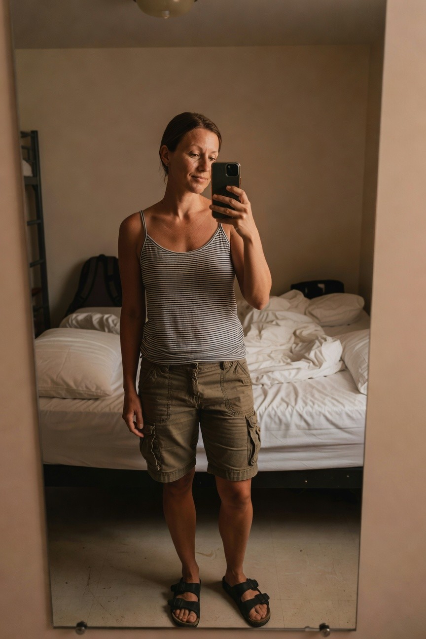 Woman taking a mirror selfie in a gray-and-white striped camisole tank top, khaki cargo shorts, and black strap sandals, standing in a simple bedroom with bed in background