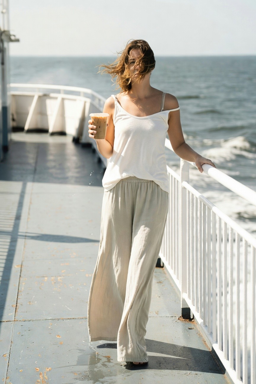 Woman standing on a boat deck in a white spaghetti-strap tank top tucked into high-waisted beige wide-leg pants, holding an iced coffee cup, one hand on white railing, hair windswept, casual beach vacation style