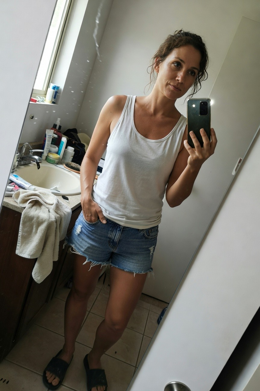 Woman in her 30s taking a mirror selfie in a bathroom, wearing a fitted white sleeveless tank top, very short frayed blue denim shorts with pockets, one hand in pocket, black rubber flip-flops, casual pose