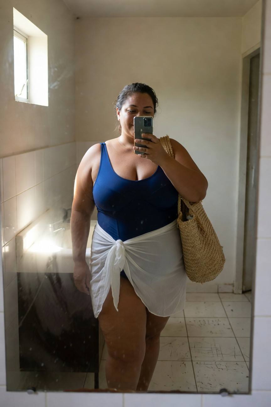 Plus-size woman taking a mirror selfie in a tiled bathroom, wearing a deep blue sleeveless one-piece swimsuit with ample cleavage, a white sheer sarong tied at the hips, and a large straw tote bag over her shoulder