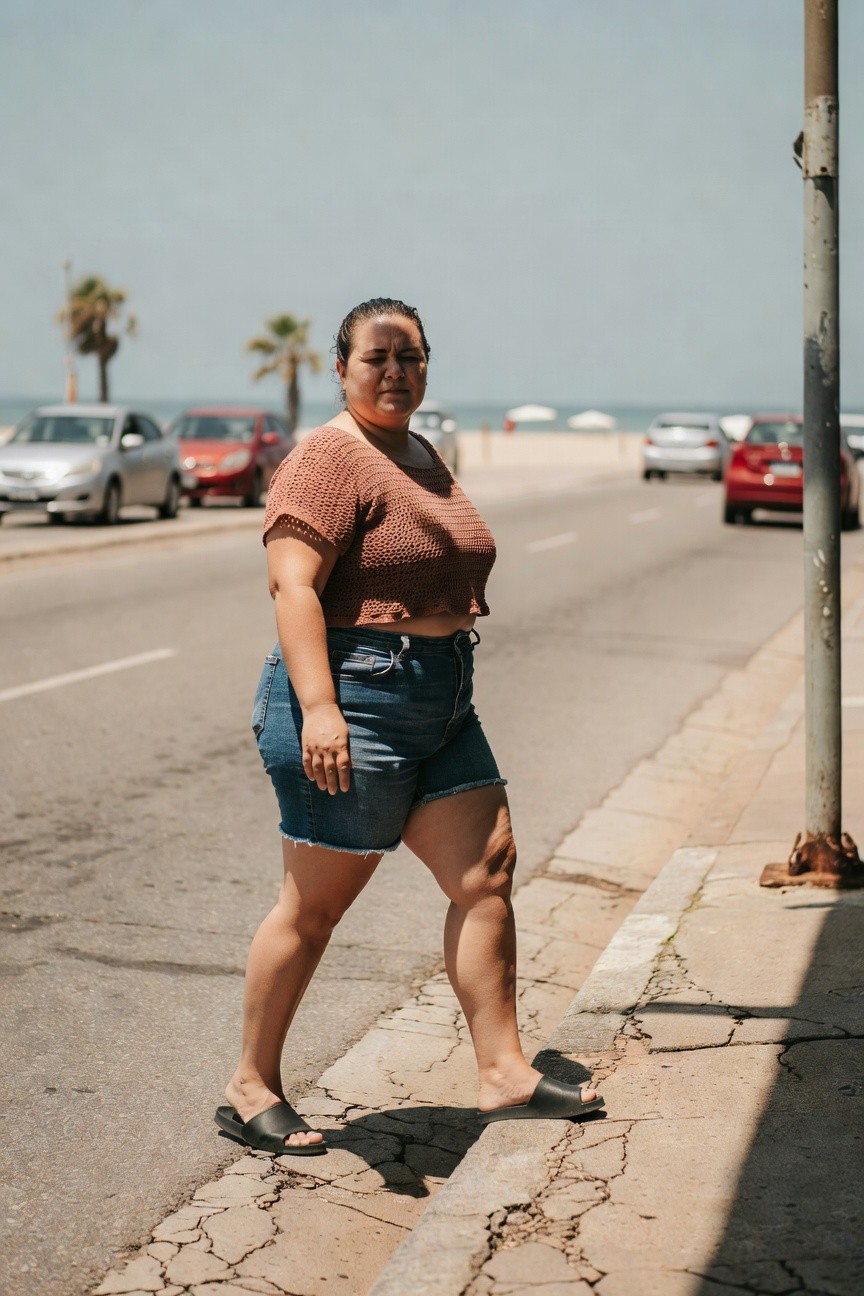 Plus-size woman walking in rust crochet crop top, high-waisted blue cutoff denim shorts, and black slide sandals, side profile on street pavement