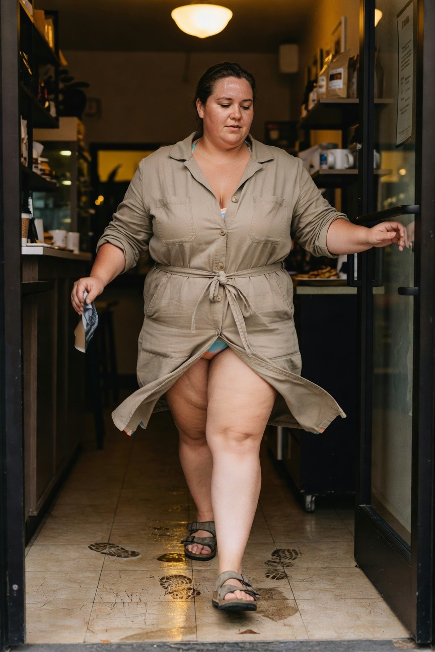 Plus-size woman in a khaki long-sleeve shirtdress worn open over a blue bikini, belted at waist with skirt flaring to show thighs and bikini bottom, holding a takeaway cup, wearing tan strap sandals, walking out of a coffee shop doorway
