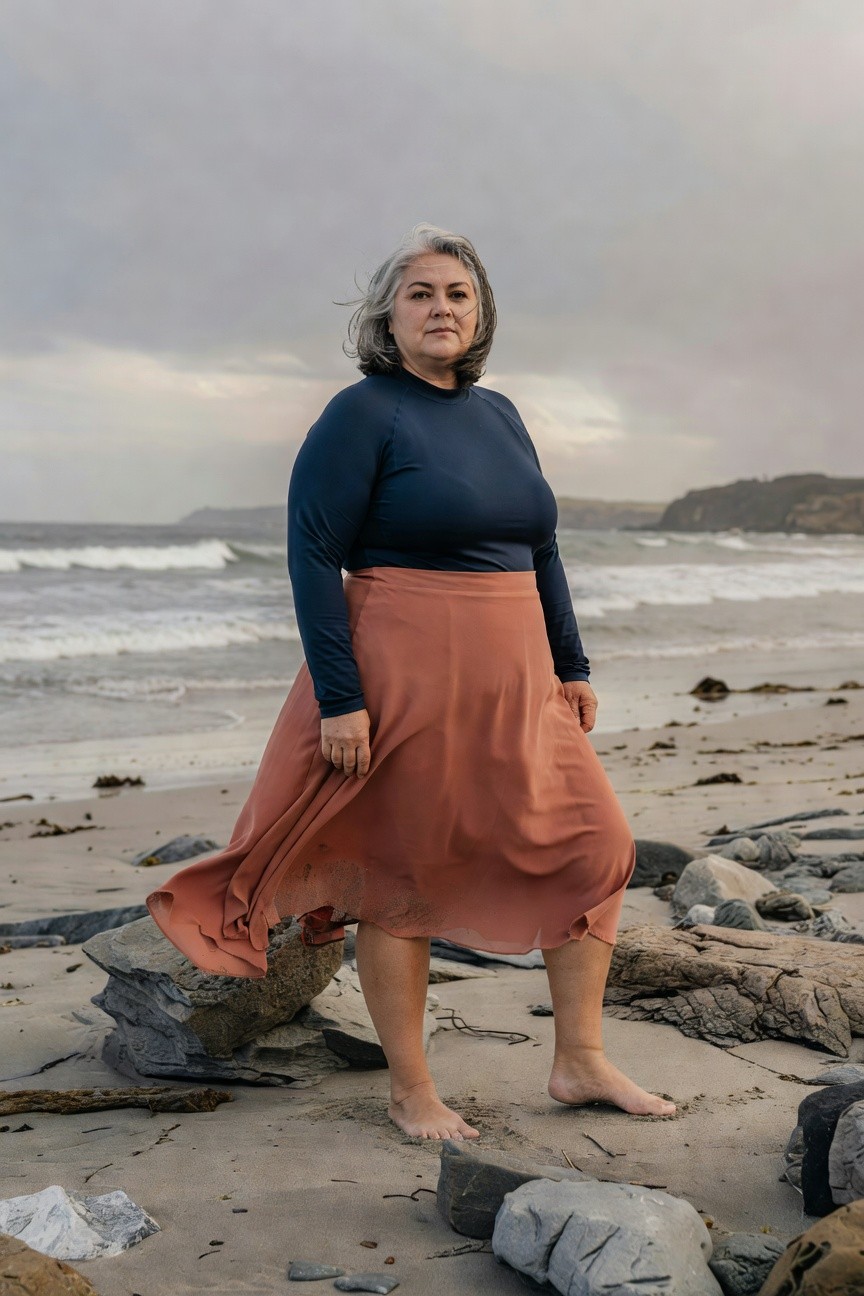 Plus-size woman with silver hair standing barefoot in a fitted navy blue long-sleeve rash guard top and flowing rust orange midi skirt on a rocky beach, skirt billowing slightly to one side