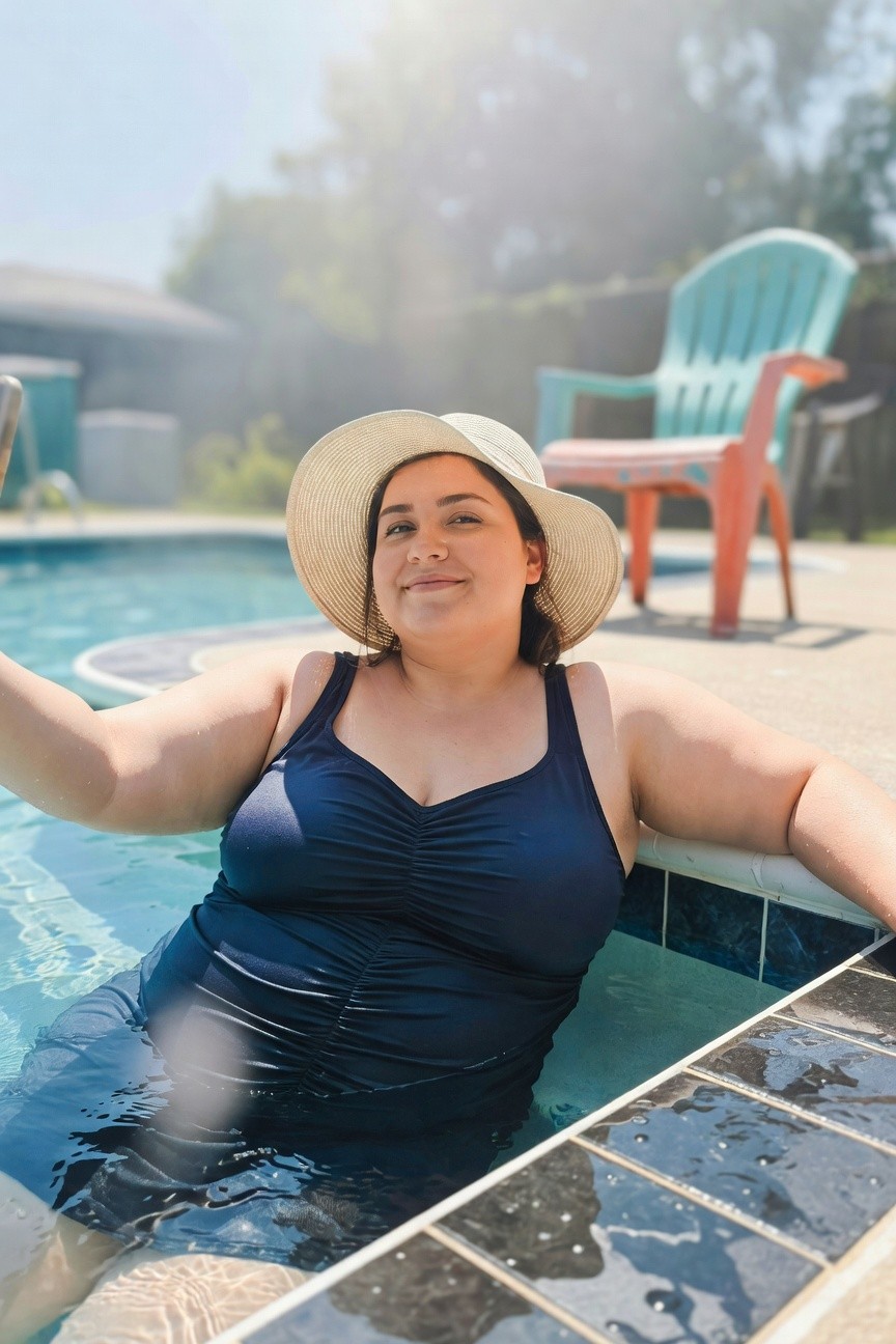 Plus-size woman with smiling selfie in dark blue ruched one-piece swimsuit and beige straw hat, sitting on edge of backyard pool with arms extended and water lapping at waist
