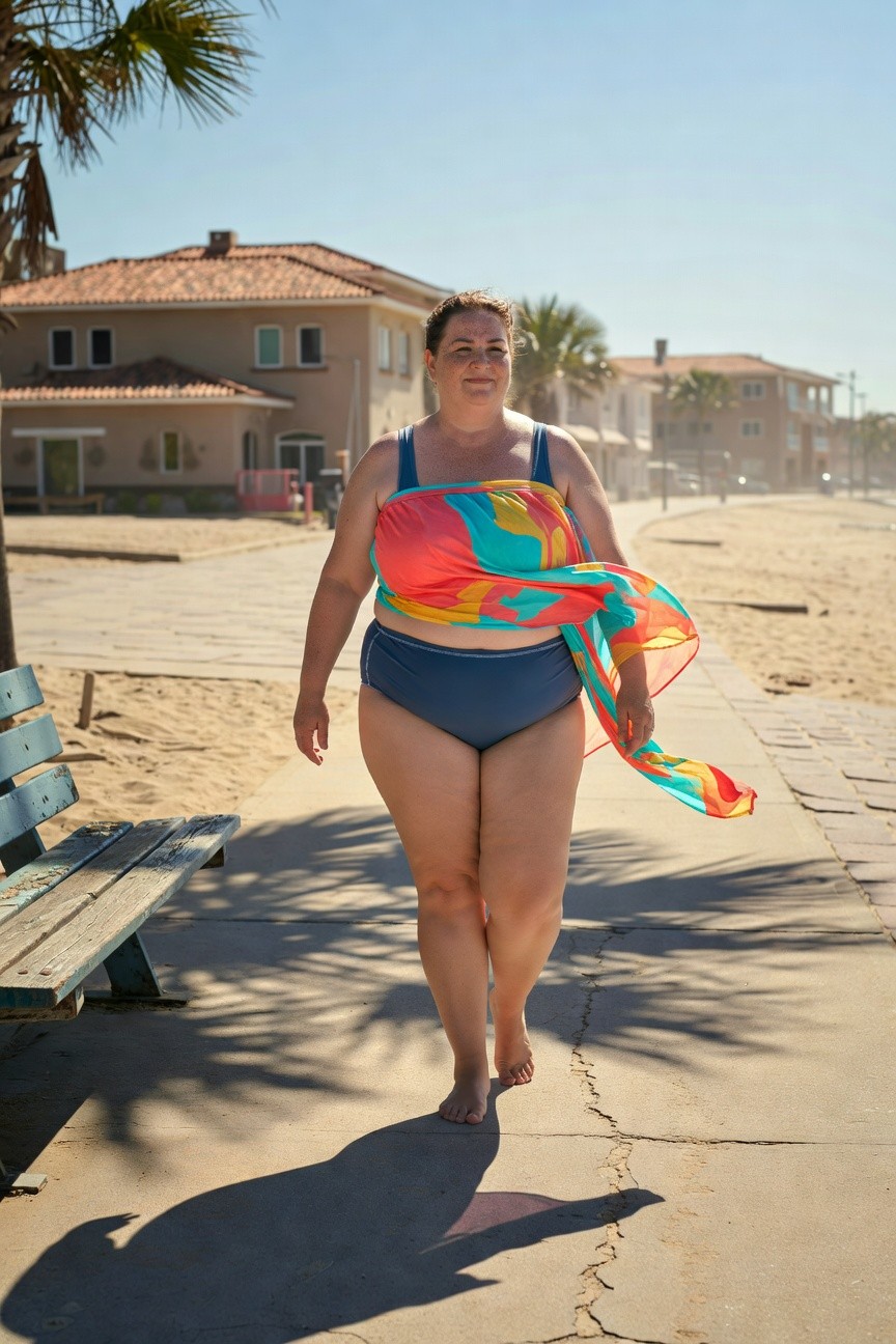 Plus-size woman in navy bandeau bikini top and high-waisted navy bottoms layered with a vibrant multicolored sarong wrap in red teal yellow and orange prints draped asymmetrically over bust and hips while walking barefoot