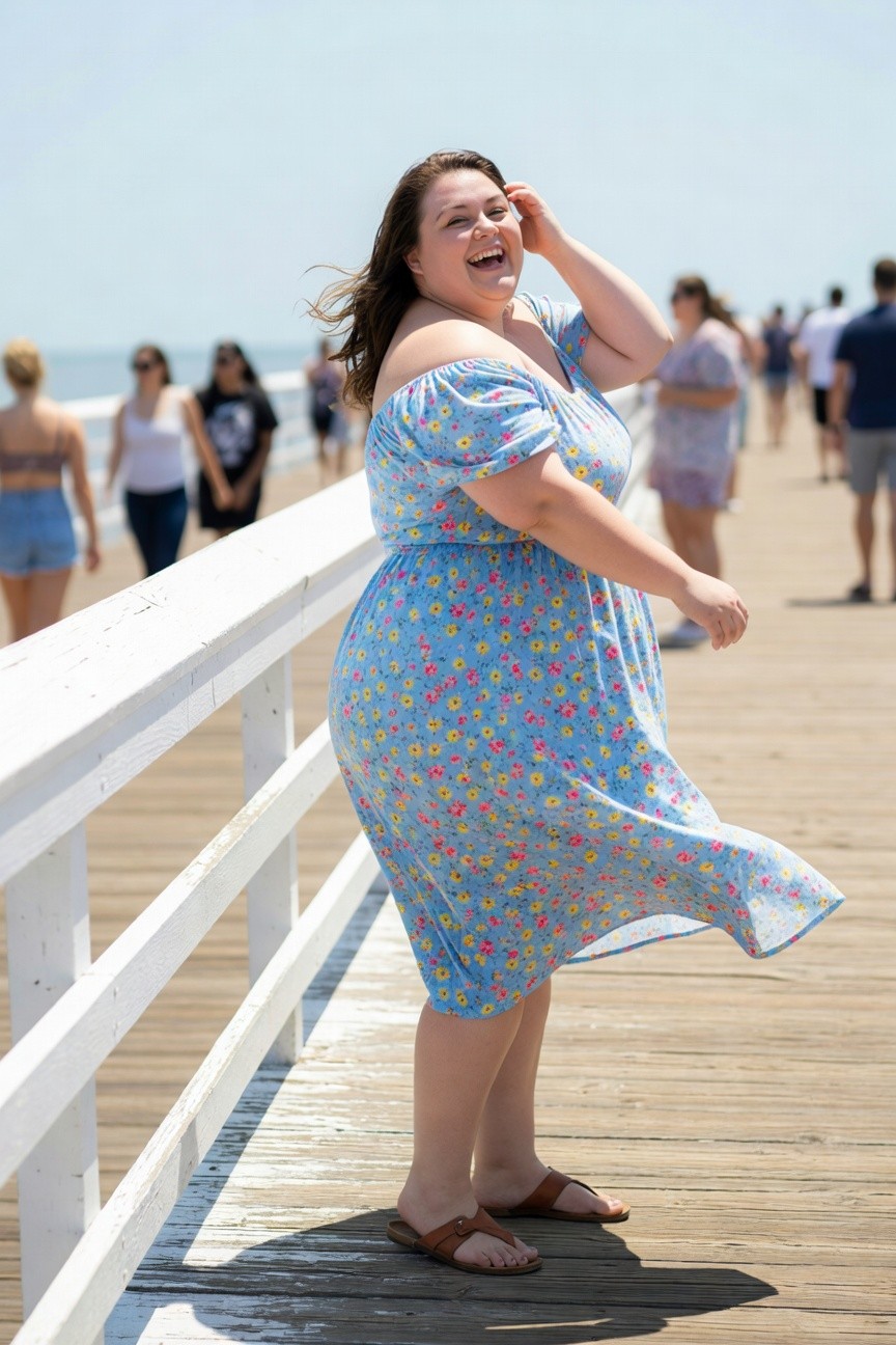 Plus-size woman laughing on a wooden pier wearing a flowing blue floral off-shoulder midi dress with cap sleeves, paired with tan strappy flat sandals, hair blowing in wind